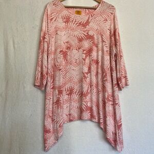 Ruby‎ Rd. Tunic Top Floral Print Blouse 3/4 Sleeve Salmon White Lightweight  1X